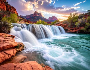 Fototapeta premium Scenic landscape of waterfall cascading into turquoise water with red rock mountains and sunset sky backdrop
