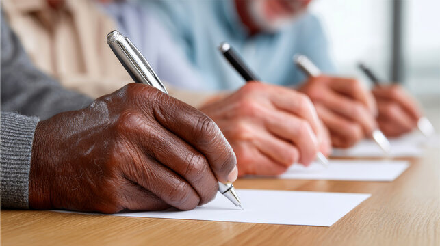 Close up of diverse hands writing on paper showing gender and age diversity in workplace. group of focused senior people in business seminar or meeting