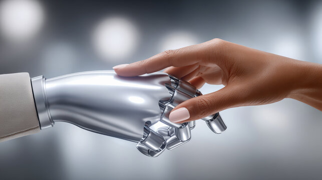 Woman hand touching robot hand shows connection and trust. This technology represents future of gender diversity and inclusion in modern workplace of tomorrow