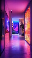 A hallway with colorful lights and a painting on the wall