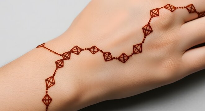 Minimalist Bracelet-Style Mehndi Design on Wrist and Hand, Delicate Chain and Diamond Henna Patterns, Simple Traditional Body Art on Light Skin