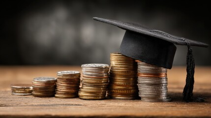 Stacked coins representing financial growth supporting higher education, with a graduation cap resting atop, showcasing investment and learning, all set on a rustic wooden surface.