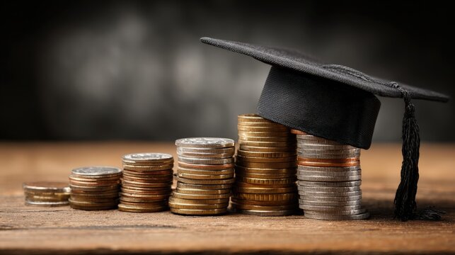 Stacked coins representing financial growth supporting higher education, with a graduation cap resting atop, showcasing investment and learning, all set on a rustic wooden surface.