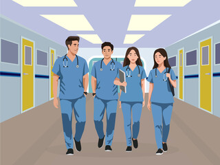medical students walking through corridor