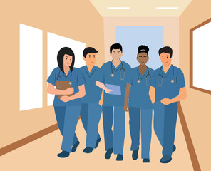medical students walking through corridor