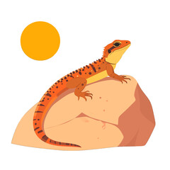 Naklejka premium Orange Lizard Resting on Rock Under a Bright Yellow Sun Pixel Art Style Illustration Isolated on White Background