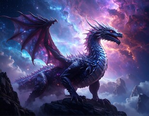 Majestic blue dragon perches upon rocky peak against a vibrant nebula-filled cosmic sky. Scale detail and glowing eye