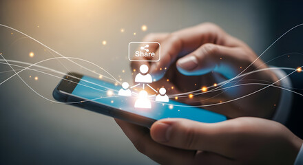 Share icon and user network hologram over smartphone in hands