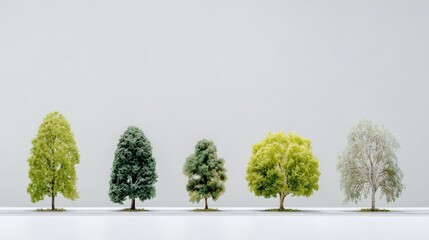 Fototapeta premium Five miniature trees of various species arranged in a row, showcasing the diversity of foliage and representing nature's elements.