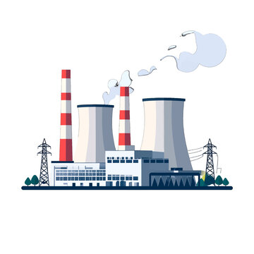 Illustration of a Power Plant with Cooling Towers and Smokestacks Against White Background Vector Image with Green Trees Around the Power Plant Structure