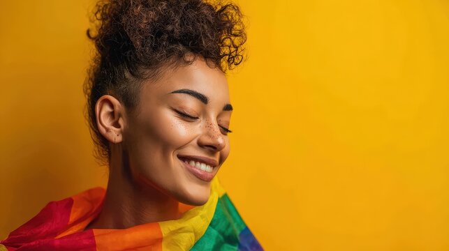 Smiling individual with closed eyes, wrapped in a colorful fabric of rainbow hues against a vibrant yellow background, radiates positivity and happiness.
