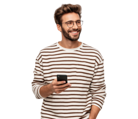 Happy Young Man in Stripes Texting on Smartphone Looking Away isolated on a transparent background