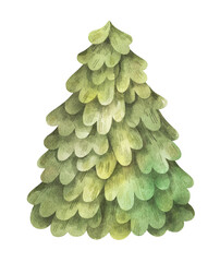 Christmas tree. Watercolor hand-drawn illustration isolated on white background. Design element for Christmas or New Year greeting card or invitation