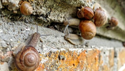 Snails cling to a brick/concrete wall; some shells glossy, others muted; close-up, natural light, textured