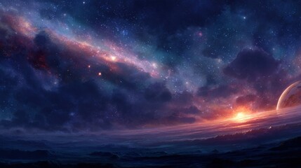 Naklejka premium Breathtaking celestial artwork showcases a vibrant galaxy with swirls of colors, a distant planet bathed in a radiant sunset, and a sky filled with sparkling stars, evoking a sense of wonder and...