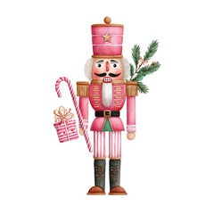 Colorful holiday nutcracker soldier with candy cane, gift box, and evergreen branch against white background