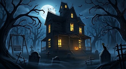 Spooky Haunted House in Moonlight - A Halloween Night Scene.