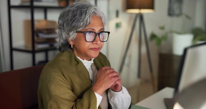 Glasses, night and woman with computer, thinking and proofreading with copywriting agency. Evening, mature person and journalist in office, pc and eyewear with reflection and research for news report