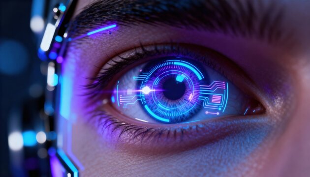 Cybernetic Gaze: A close-up view of a futuristic cybernetic eye, showcasing intricate technological details, glowing neon circuits, and a vibrant, synthetic iris.