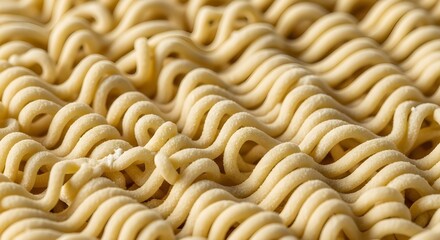 Wavy Instant Noodle Texture, Dry Ramen Block Close-Up, Food Background Pattern.

