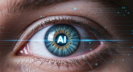 Naklejka premium AI Eye: A close-up view of an eye with the letters AI embedded in the iris, symbolizing artificial intelligence and the future of technology