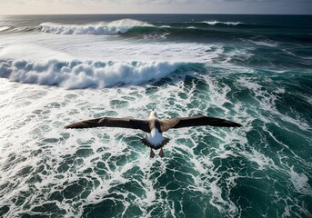 Surfer riding a giant ocean wave from above