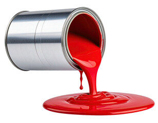 A metallic paint can tilting, spilling bright red liquid onto a black surface