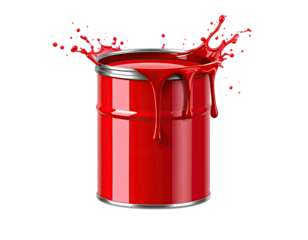 A glossy red paint can with a splash of paint erupting from the top, set against black