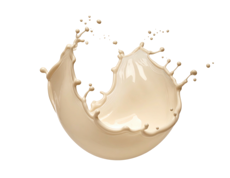 Beige liquid splash, creating dynamic curves with droplets, against a black backdrop