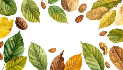 Fototapeta premium A collection of various leaves and nuts arranged on a black background, showcasing autumn colors and textures.