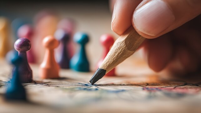 Close-up of a hand using a pencil on a game board with colorful game pieces, concept for strategic planning, business simulation and decision-making processes