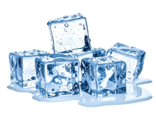 Close-up of translucent ice cubes stacked, melting with water on a black background