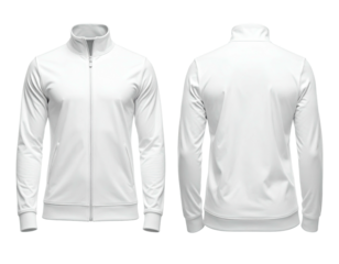 A mockup of a plain white track jacket, both front and back views, on a black background