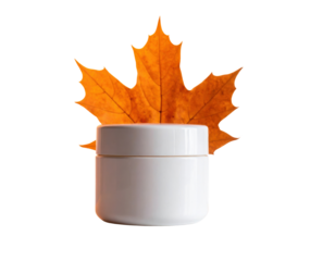 A white jar with a striking orange leaf emerging from it, creating a vibrant and artistic presentation.