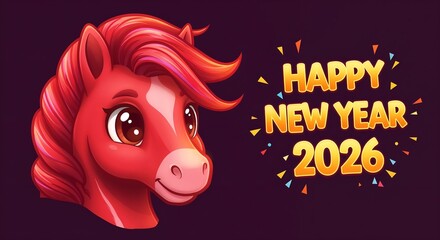 Cute fire horse representing the symbol of 2026 with New Year wishes