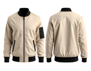 Beige bomber jacket with black trim and details, front and back view, isolated on black