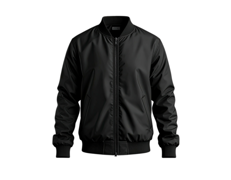 A smooth black bomber jacket isolated on a black background. Wrinkles on the sleeves are visible