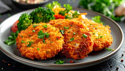 Three golden-brown, breaded patties on a plate with broccoli florets and carrot shreds, garnished with parsley