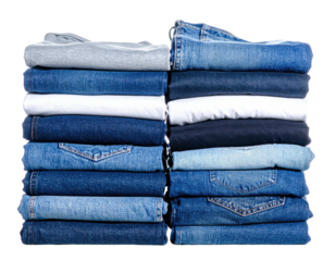 Two neat stacks of folded jeans and shirts of varying shades, isolated on black background