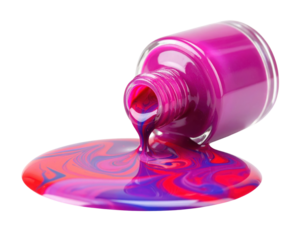 A vibrant purple paint bottle, tipped over with paint flowing out, creating a colorful swirl on the surface.
