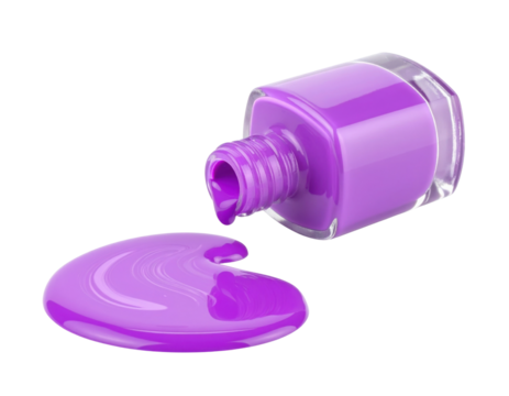 A vibrant purple nail polish bottle tipped over, spilling its glossy contents onto a surface.