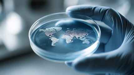 Hand in blue glove holds petri dish with world map illustration over blue fluid background. Concept for global research, disease control and pharmaceutical development