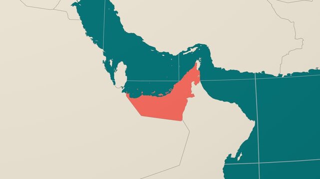 United Arab Emirates map. Animated zoom into the country on the Globe in Teal Pale Mint color palette. Country logo animation. Map with meridians, parallels. Appealing video.