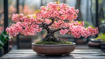 Pink cherry blossom bonsai tree in a terracotta pot.