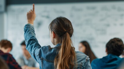 Young woman raises her hand in a classroom with other students blurred in background. Concept for education questions, student participation and learning comprehension