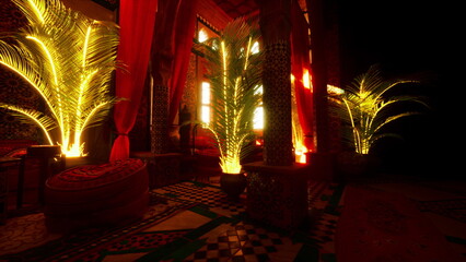 Soft light fills a Moroccan room adorned with rich patterns. Lush plants glow gently, and warm fabrics create an inviting atmosphere, perfect for relaxation and cultural immersion. © icetray