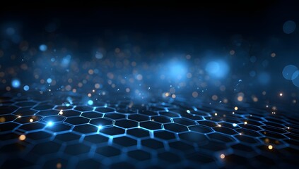 Abstract digital network of glowing hexagonal cells with shimmering light particles and deep blue background representing data flow and connectivity