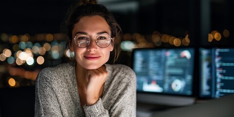 Smiling woman with eyeglasses working on computers at night with city lights in background. Concept for web development, software engineering and data analysis