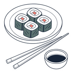 sushi with chopsticks Vector illustration of sushi set with chopsticks and soy sauce, modern minimal look.