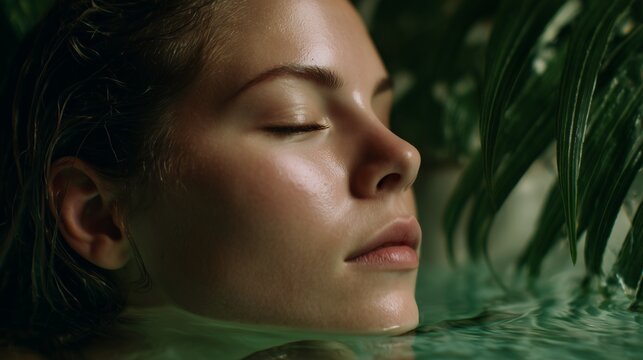 Serene woman with closed eyes submerged in water surrounded by tropical foliage, concept for wellness retreats, skincare product promotion and spa treatment visualization